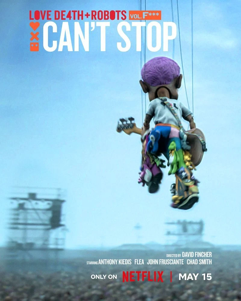 Love, Death + Robots poster for the episode Can’t Stop: a marionette bassist above a festival crowd
