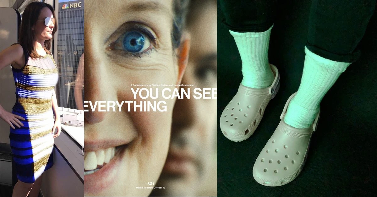 The Dress, the poster for You Can See Everything, and white socks in Crocs, side by side